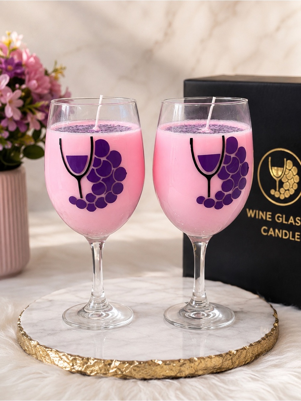 Set of 2 Candles, Pink with Purple Glitter